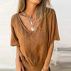Top in cotone e lino con scollo a V e fondo a punto smock