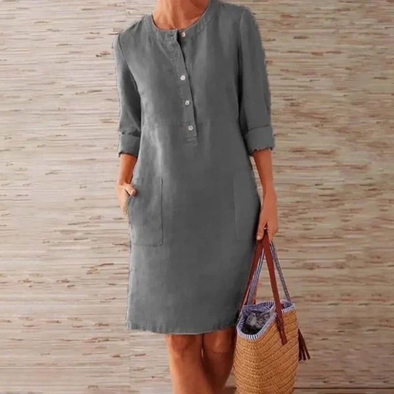Abito a girocollo in lino e cotone casual di colore puro