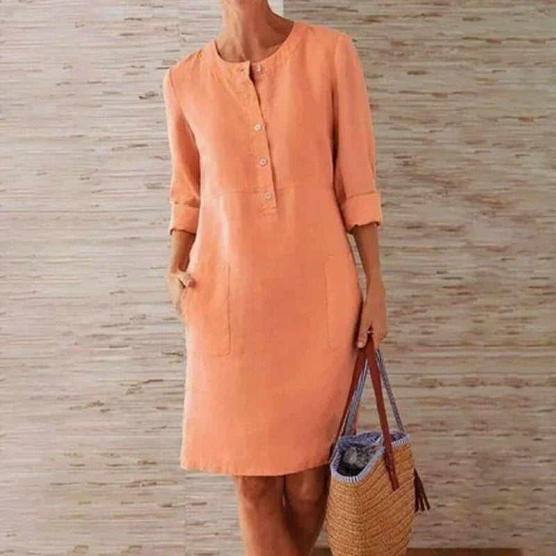 Abito a girocollo in lino e cotone casual di colore puro