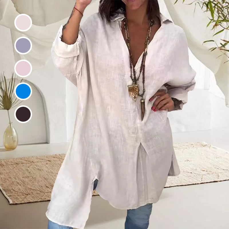 Camicia estiva casual in cotone e lino con scollo a V
