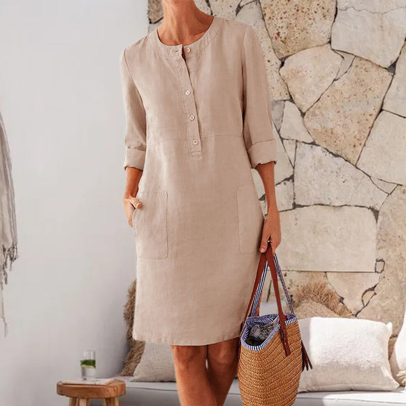 Abito a girocollo in lino e cotone casual di colore puro