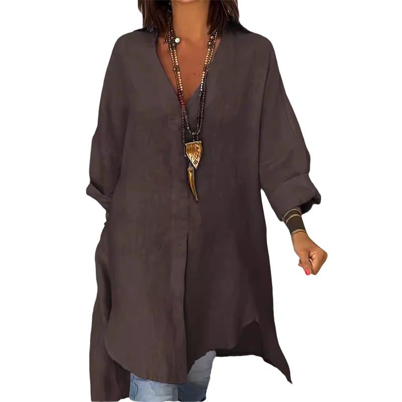 Camicia estiva casual in cotone e lino con scollo a V
