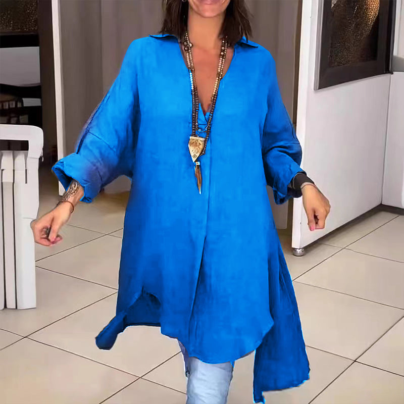 Camicia estiva casual in cotone e lino con scollo a V