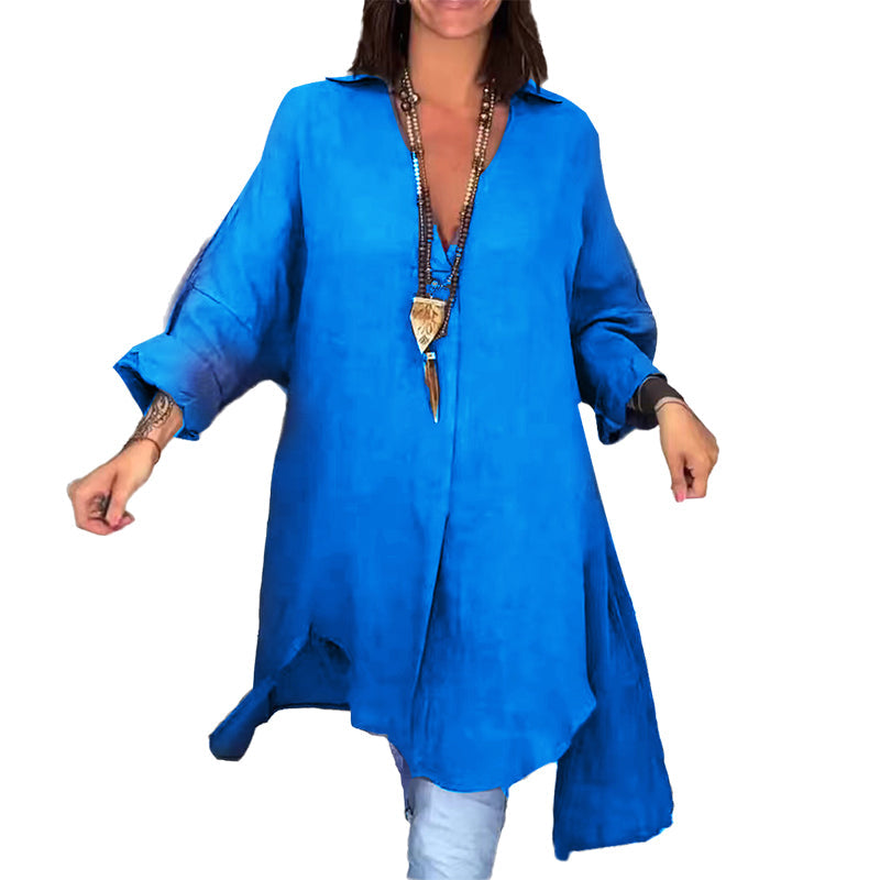 Camicia estiva casual in cotone e lino con scollo a V