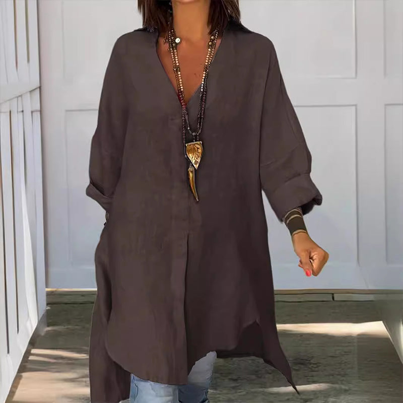 Camicia estiva casual in cotone e lino con scollo a V