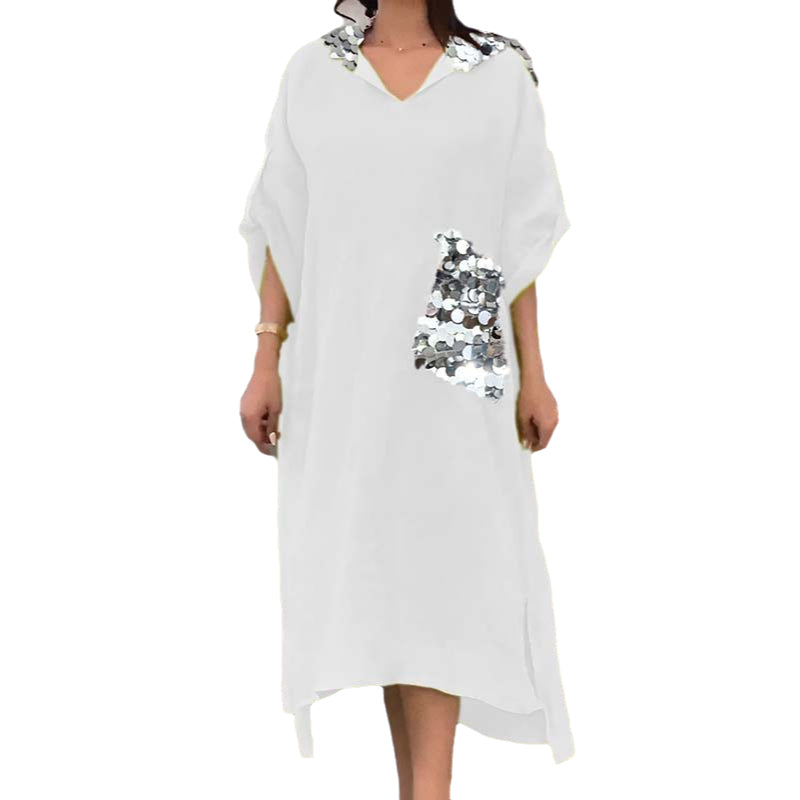 Maxi abito con cappuccio in paillettes a squame di pesce