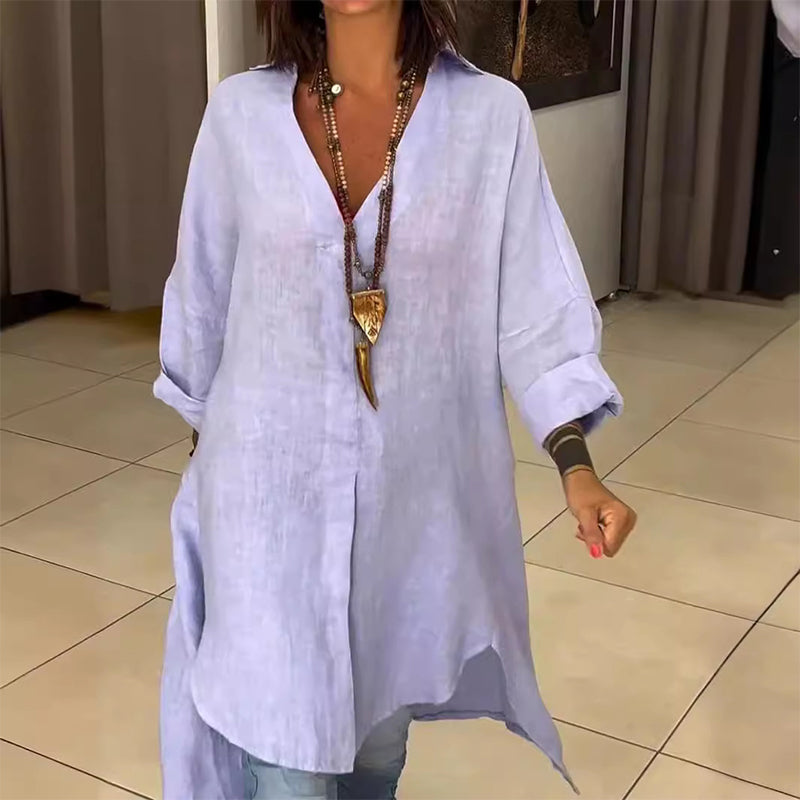 Camicia estiva casual in cotone e lino con scollo a V