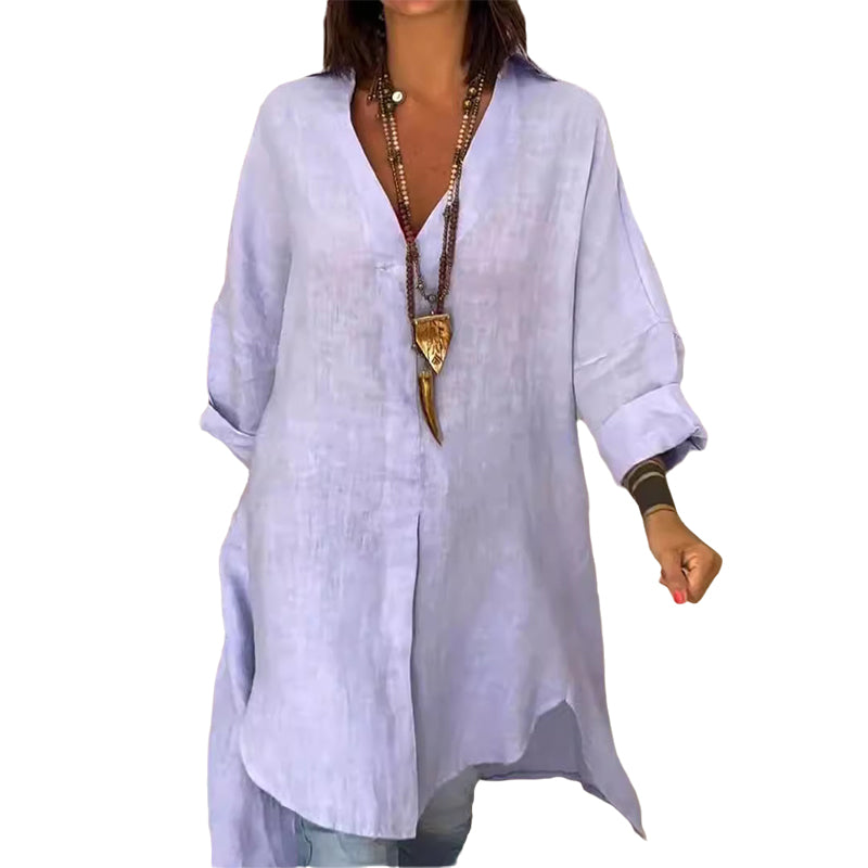 Camicia estiva casual in cotone e lino con scollo a V