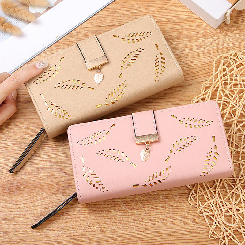 Portafoglio lungo da donna con motivo a foglie