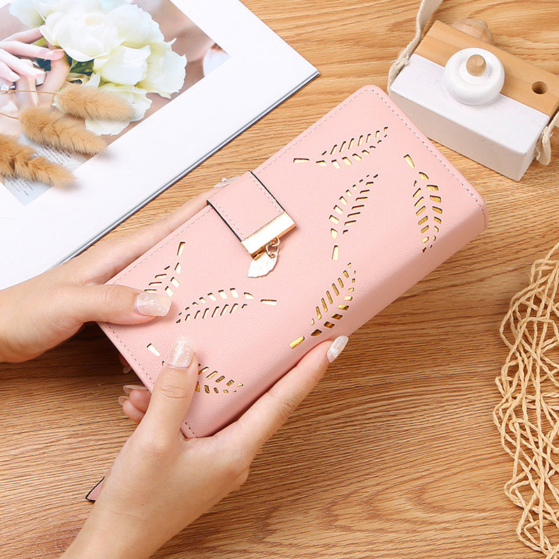 Portafoglio lungo da donna con motivo a foglie