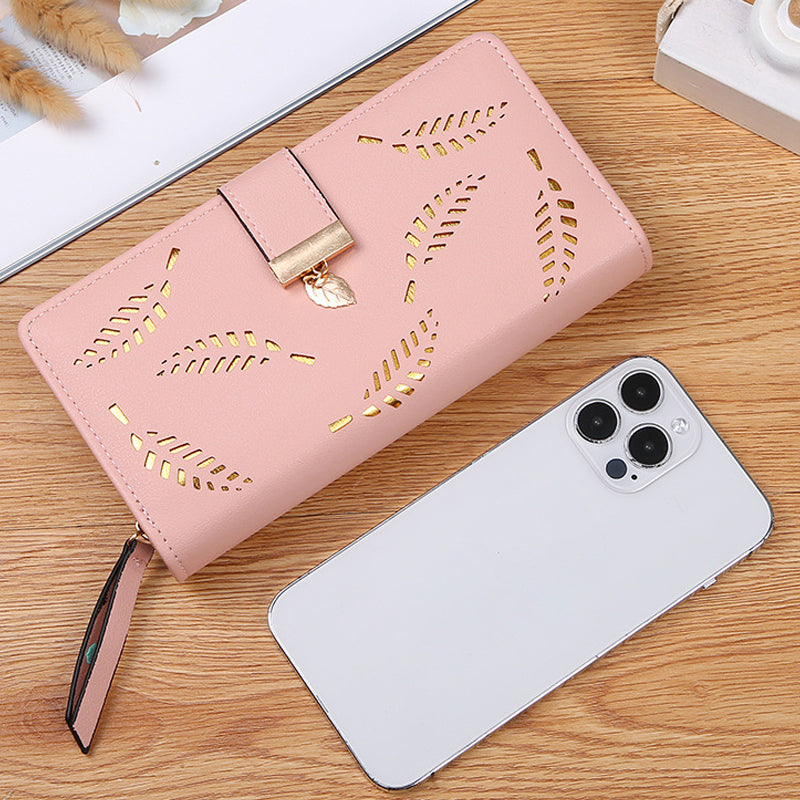 Portafoglio lungo da donna con motivo a foglie