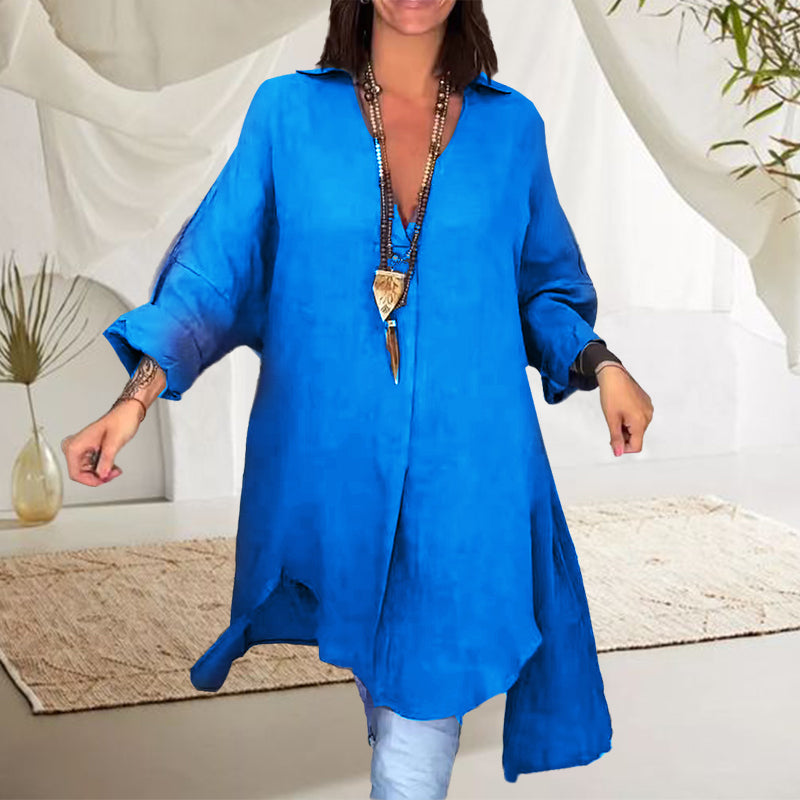 Camicia estiva casual in cotone e lino con scollo a V