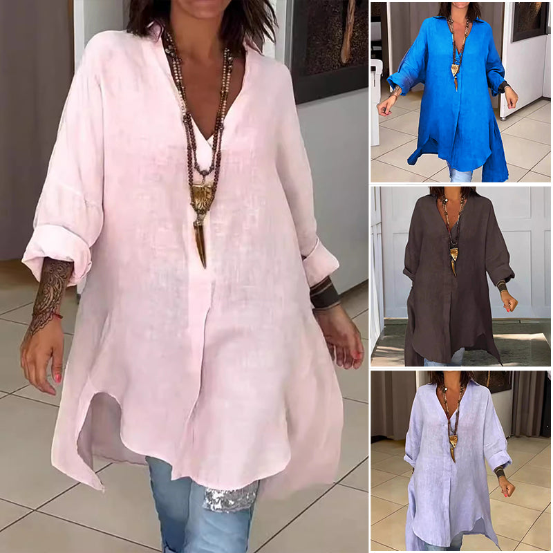Camicia estiva casual in cotone e lino con scollo a V