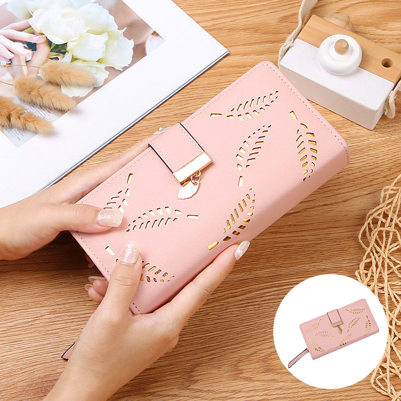 Portafoglio lungo da donna con motivo a foglie