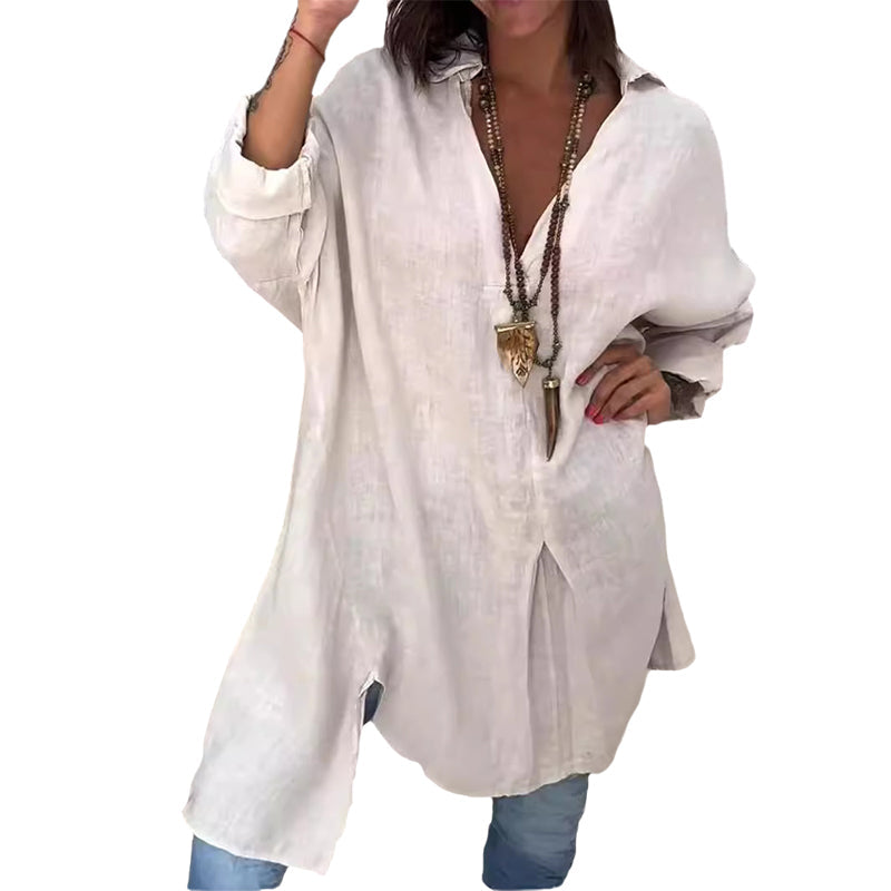 Camicia estiva casual in cotone e lino con scollo a V