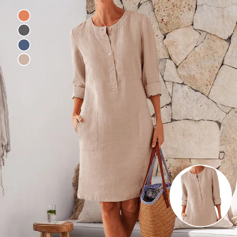 Abito a girocollo in lino e cotone casual di colore puro