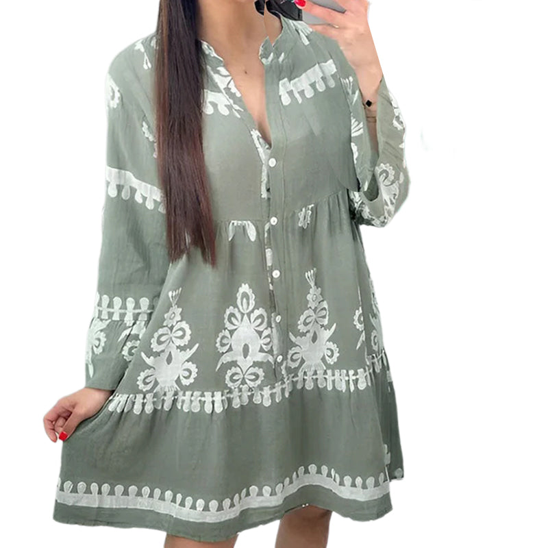 Abito babydoll abbottonato con scollo a V