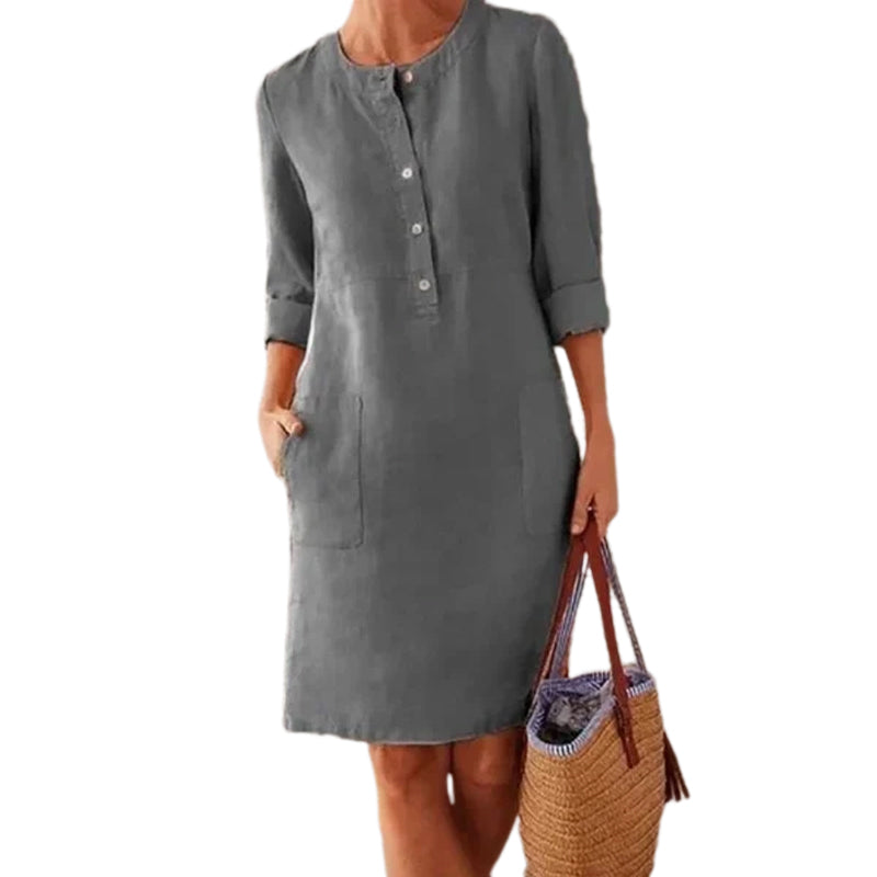 Abito a girocollo in lino e cotone casual di colore puro