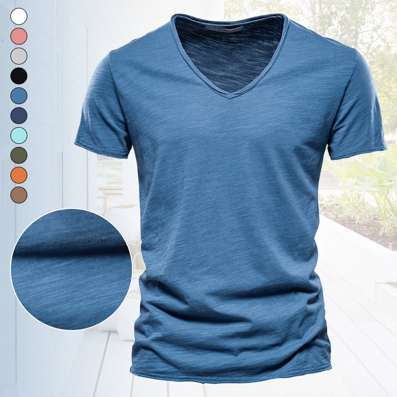 T-shirt scollo a V in cotone fiammato tinta unita