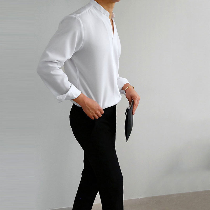 Camicia casual da uomo a maniche lunghe con scollo a V tinta unita