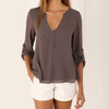 Camicia in chiffon allentata con scollo a V a maniche lunghe