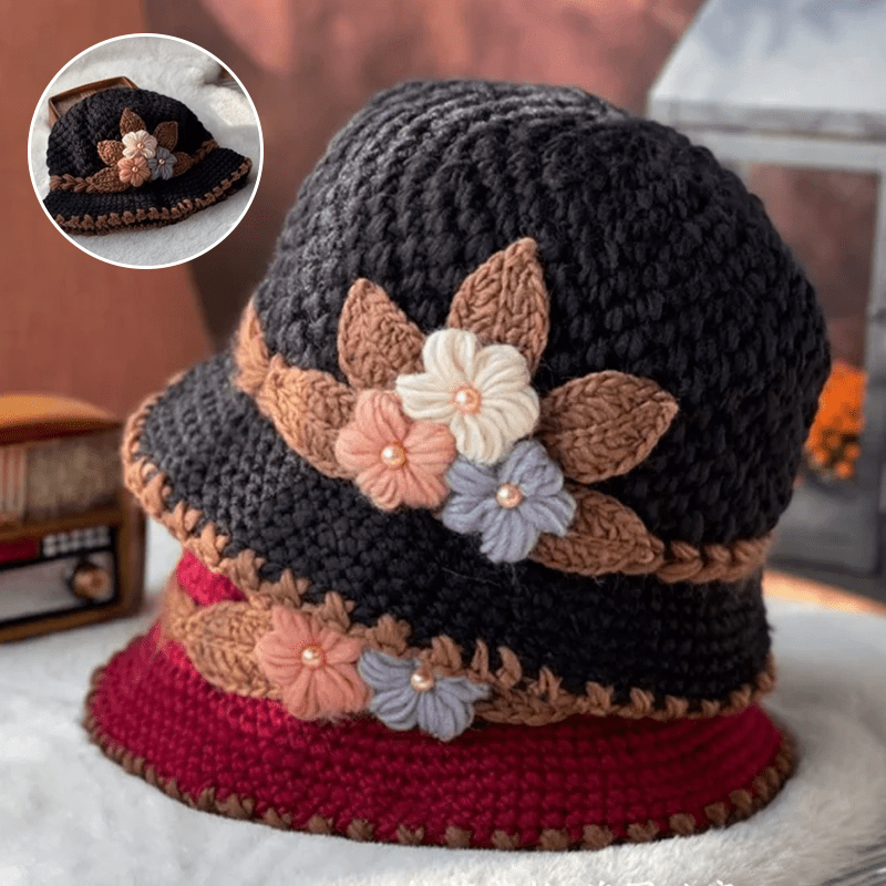 Cappello di lana lavorato a maglia con fiori da donna addensati francesi