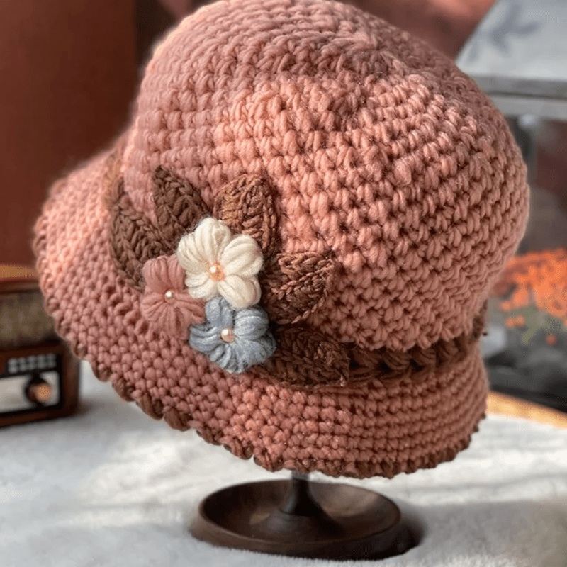 Cappello di lana lavorato a maglia con fiori da donna addensati francesi
