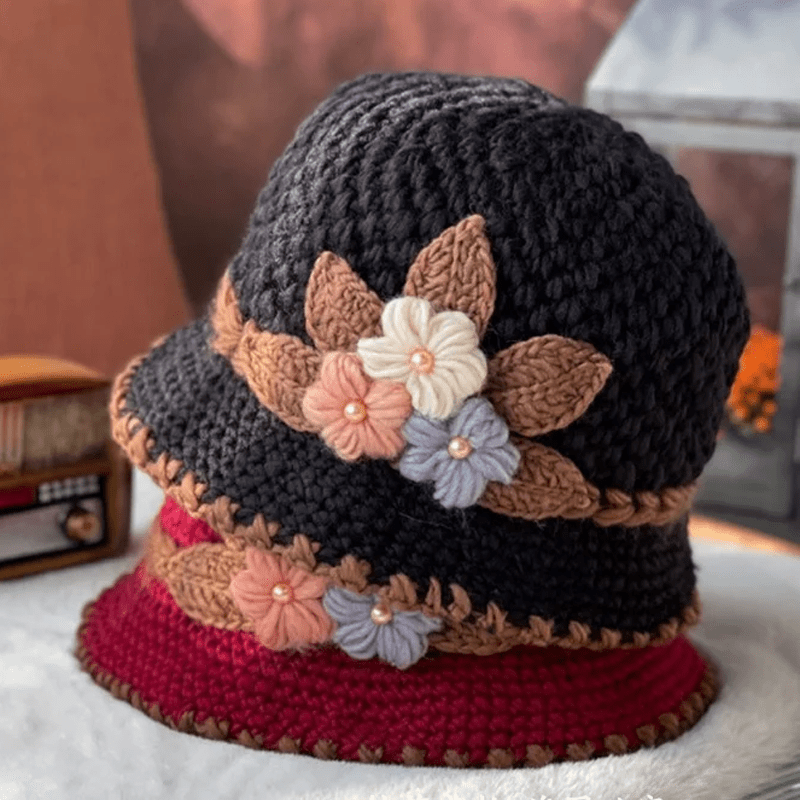 Cappello di lana lavorato a maglia con fiori da donna addensati francesi