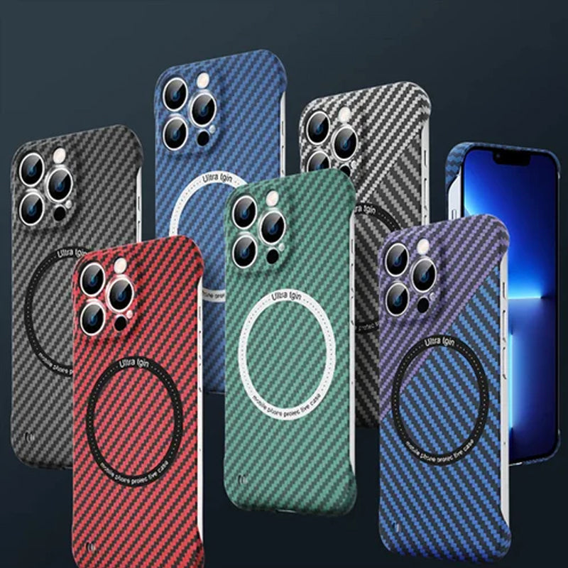 Struttura in fibra di carbonio senza cornice per custodia per iPhone con ricarica magnetica