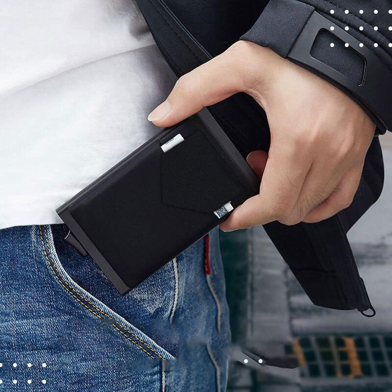 Portafoglio RFID sottile in alluminio da uomo - Capacà 15 carte con fermasoldi in metallo finestra identificativa trasparente, design minimalista antifurto  1524