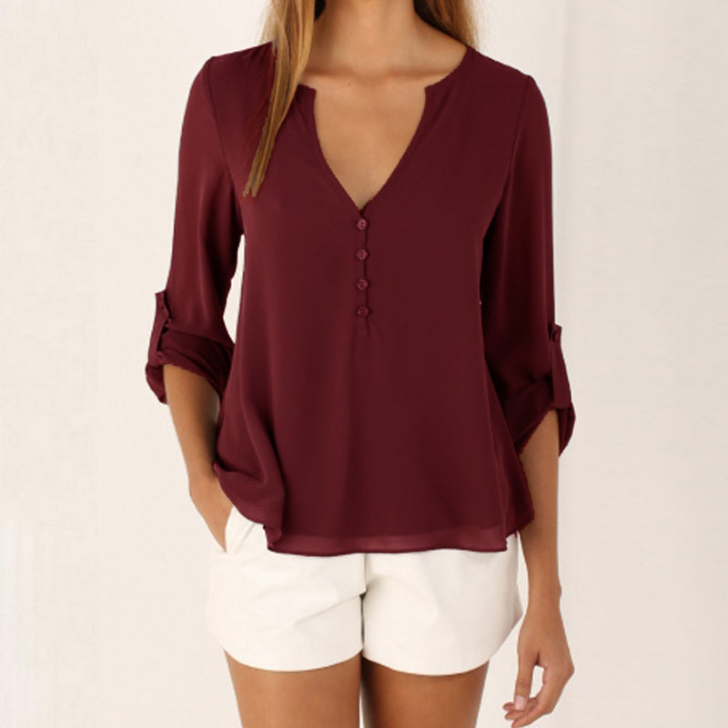 Camicia in chiffon allentata con scollo a V a maniche lunghe