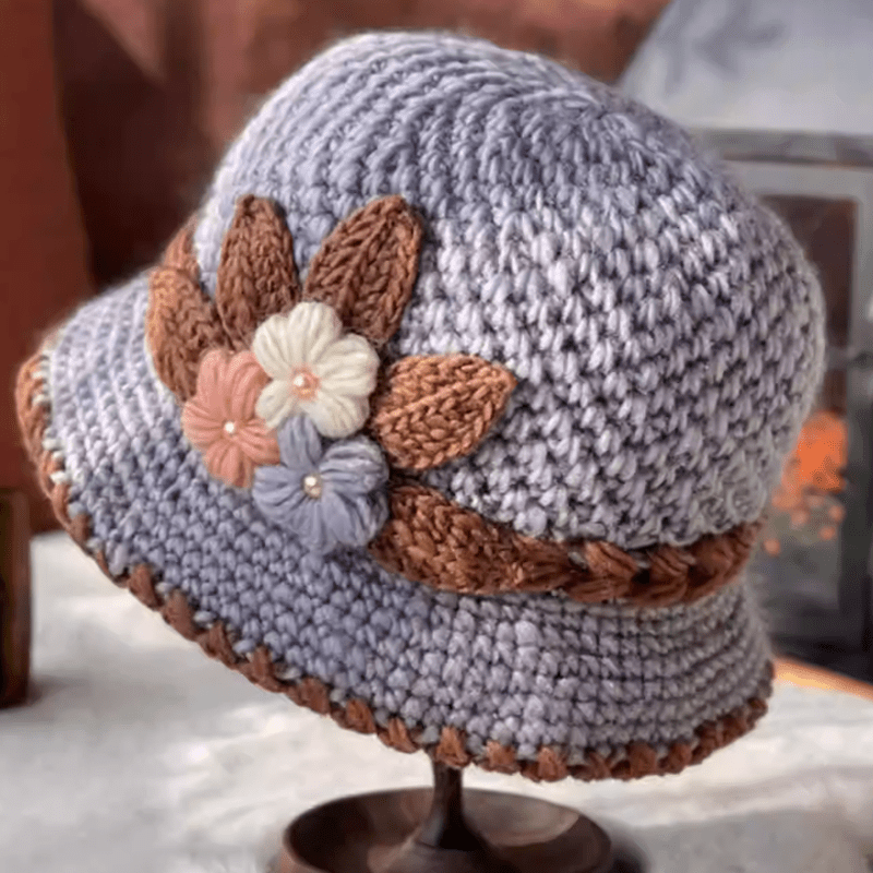 Cappello di lana lavorato a maglia con fiori da donna addensati francesi