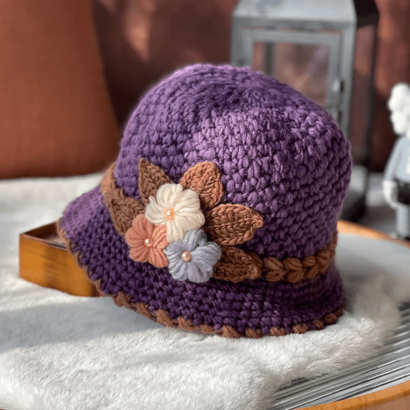 Cappello di lana lavorato a maglia con fiori da donna addensati francesi
