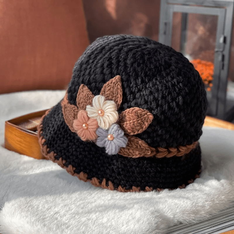Cappello di lana lavorato a maglia con fiori da donna addensati francesi