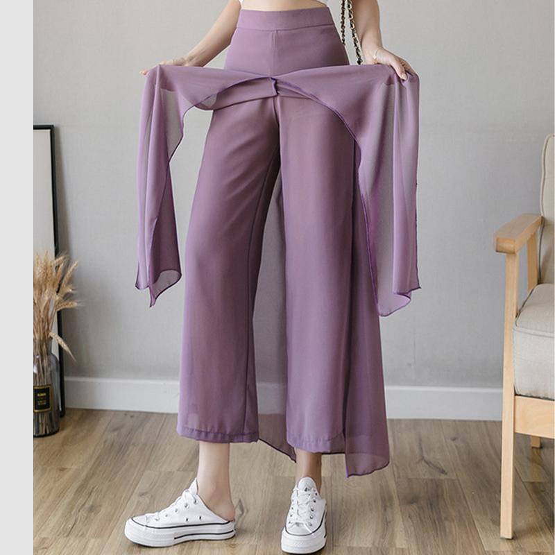 Pantaloni in chiffon di seta ghiaccio con gambe larghe