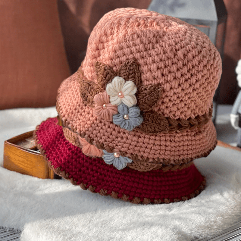 Cappello di lana lavorato a maglia con fiori da donna addensati francesi