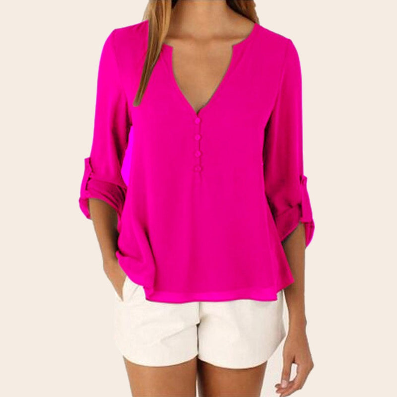 Camicia in chiffon allentata con scollo a V a maniche lunghe