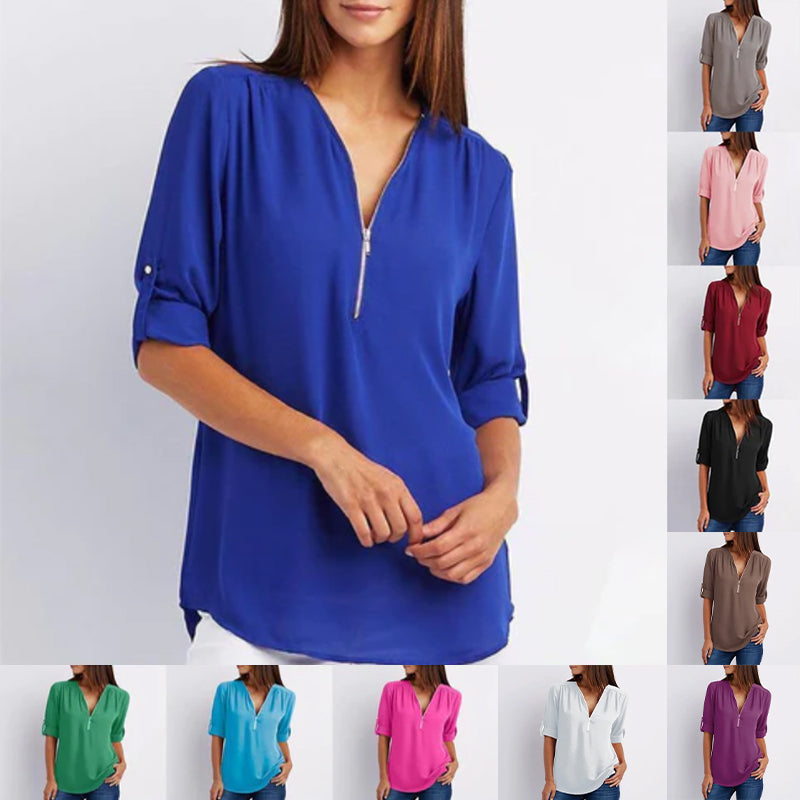 Bluse con scollo a V e chiusura con zip