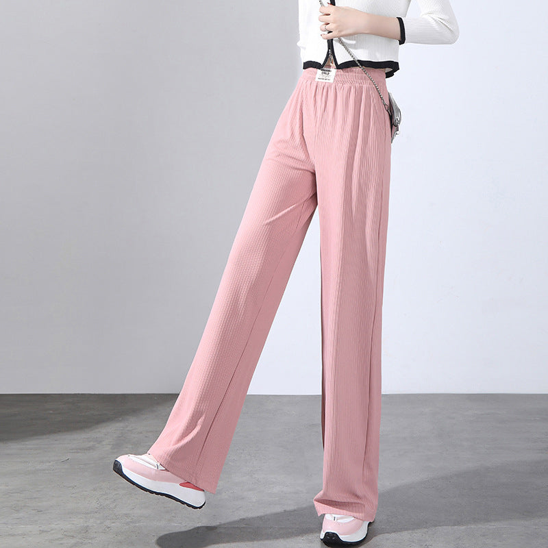 Pantaloni a gamba larga in seta ghiaccio con drappo estivo a vita alta da donna
